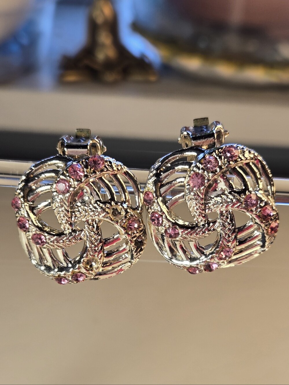 Silver-Tone Pink Crystal Knot Clip On Earrings